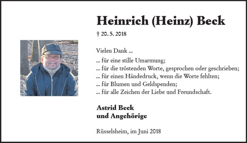  Traueranzeige für Heinrich Beck vom 23.06.2018 aus Trauerportal Rhein Main Presse