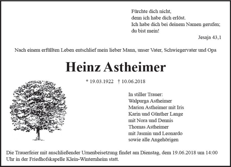  Traueranzeige für Heinz Astheimer vom 16.06.2018 aus Trauerportal Rhein Main Presse