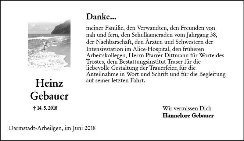  Traueranzeige für Heinz Gebauer vom 02.06.2018 aus Trauerportal Rhein Main Presse