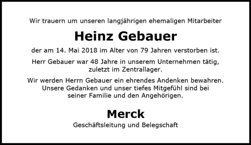  Traueranzeige für Heinz Gebauer vom 08.06.2018 aus Trauerportal Rhein Main Presse