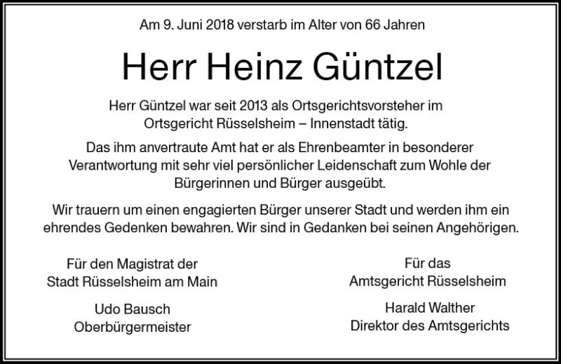  Traueranzeige für Heinz Güntzel vom 16.06.2018 aus Trauerportal Rhein Main Presse