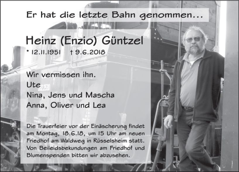  Traueranzeige für Heinz Güntzel vom 16.06.2018 aus Trauerportal Rhein Main Presse