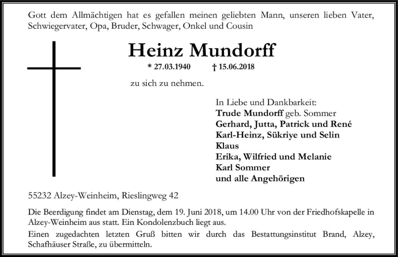  Traueranzeige für Heinz Mundorff vom 18.06.2018 aus Trauerportal Rhein Main Presse