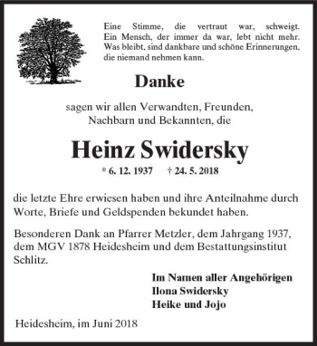Traueranzeige von Heinz Swidersky von Trauerportal Rhein Main Presse