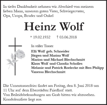 Traueranzeige von Heinz Wolf von Trauerportal Rhein Main Presse