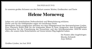 Traueranzeige von Helene Morneweg von  Gießener Anzeiger