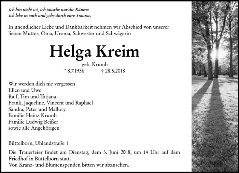  Traueranzeige für Helga Kreim vom 02.06.2018 aus Trauerportal Rhein Main Presse