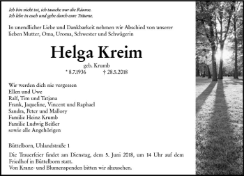 Traueranzeige von Helga Kreim von Trauerportal Rhein Main Presse