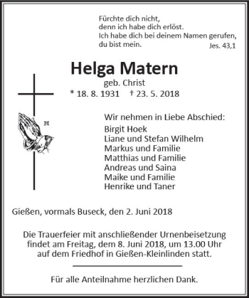 Traueranzeige von Helga Matern von  Gießener Anzeiger