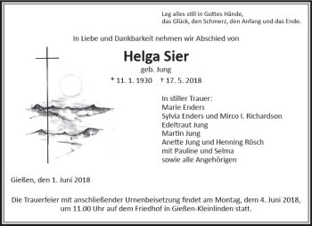 Traueranzeige von Helga Sier von  Gießener Anzeiger