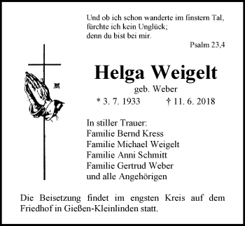 Traueranzeige von Helga Weigelt von  Gießener Anzeiger