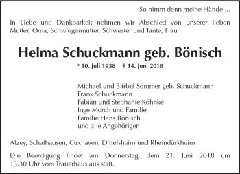 Traueranzeige von Helma Schuckmann von Trauerportal Rhein Main Presse