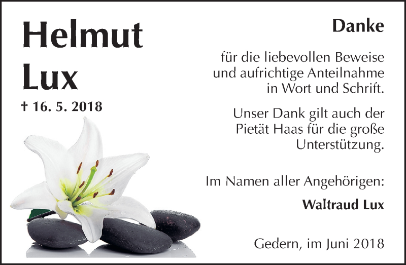  Traueranzeige für Helmut Lux vom 16.06.2018 aus  Kreisanzeiger