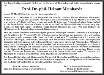 Traueranzeige von Helmut Meinhardt von  Gießener Anzeiger