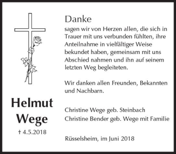 Traueranzeige von Helmut Wege von Trauerportal Rhein Main Presse