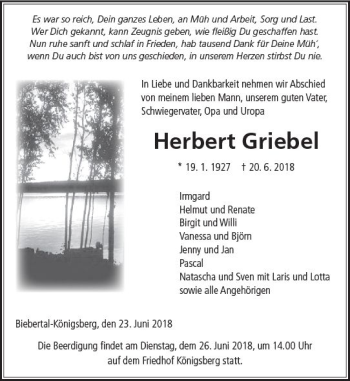 Traueranzeige von Herbert Griebel von  Gießener Anzeiger