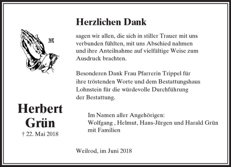  Traueranzeige für Herbert Grün vom 30.06.2018 aus  Usinger Anzeiger