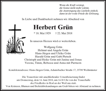 Traueranzeige von Herbert Grün von  Usinger Anzeiger