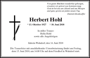 Traueranzeige von Herbert Hohl von  Camberger Anzeiger