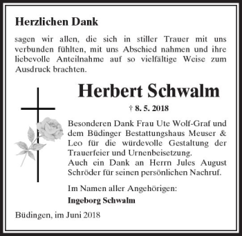 Traueranzeige von Herbert Schwalm von  Kreisanzeiger
