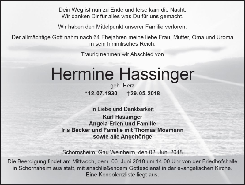  Traueranzeige für Hermine Hassinger vom 02.06.2018 aus Trauerportal Rhein Main Presse
