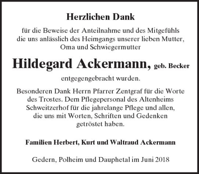 Traueranzeige für Hildegard Ackermann vom 02.06.2018 aus  Kreisanzeiger