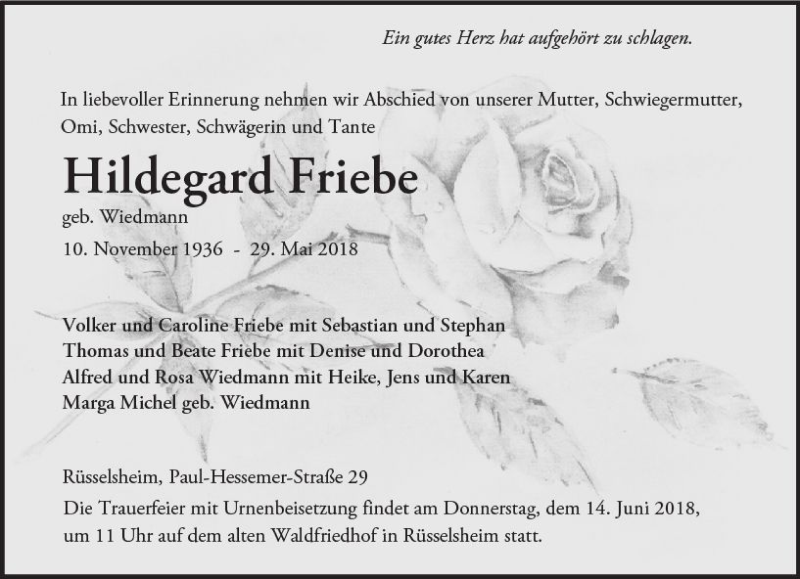  Traueranzeige für Hildegard Friebe vom 09.06.2018 aus Trauerportal Rhein Main Presse