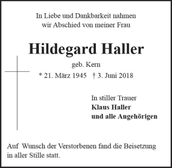 Traueranzeige von Hildegard Haller von Trauerportal Rhein Main Presse