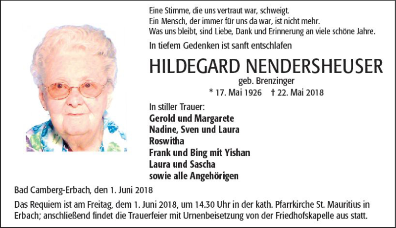 Traueranzeige für Hildegard Nendersheuser vom 01.06.2018 aus  Camberger Anzeiger