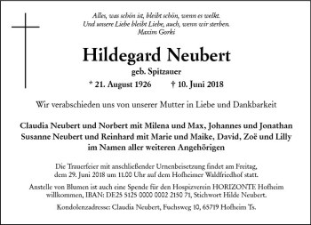 Traueranzeige von Hildegard Neubert von Trauerportal Rhein Main Presse