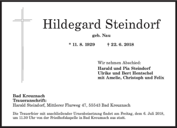 Traueranzeige von Hildegard Steindorf von Trauerportal Rhein Main Presse