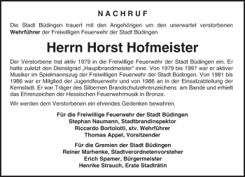 Traueranzeige von Horst Hofmeister von  Kreisanzeiger