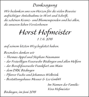 Traueranzeige von Horst Hofmeister von  Kreisanzeiger