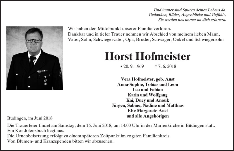  Traueranzeige für Horst Hofmeister vom 13.06.2018 aus  Kreisanzeiger