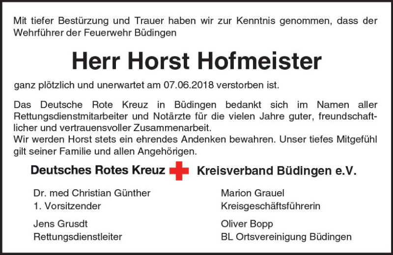  Traueranzeige für Horst Hofmeister vom 13.06.2018 aus  Kreisanzeiger
