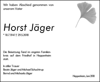 Traueranzeige von Horst Jäger von Trauerportal Rhein Main Presse