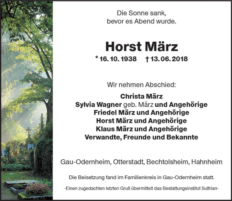  Traueranzeige für Horst März vom 21.06.2018 aus Trauerportal Rhein Main Presse