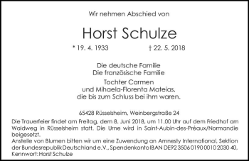 Traueranzeige von Horst Schulze von Trauerportal Rhein Main Presse