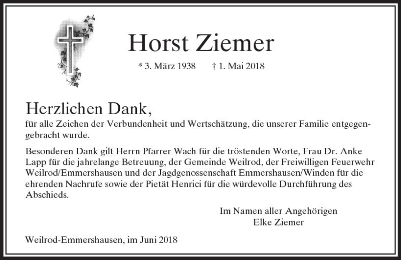  Traueranzeige für Horst Ziemer vom 09.06.2018 aus  Usinger Anzeiger