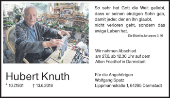 Traueranzeige von Hubert Knuth von Trauerportal Rhein Main Presse