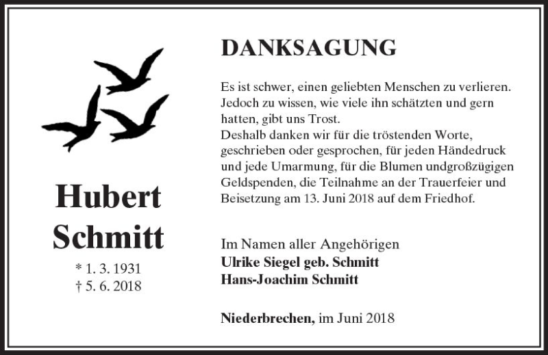  Traueranzeige für Hubert Schmitt vom 28.06.2018 aus  Camberger Anzeiger