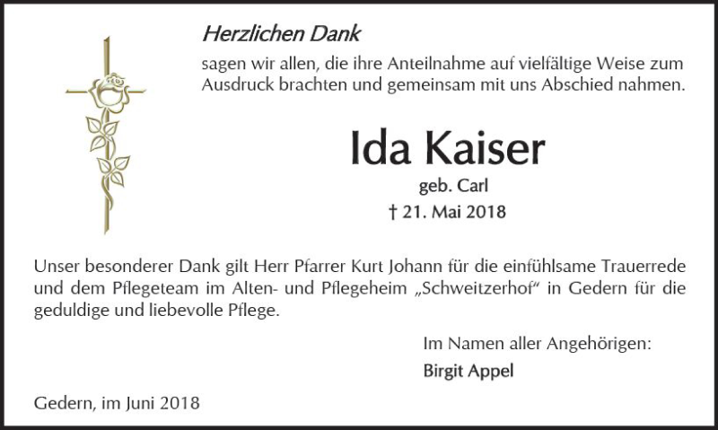  Traueranzeige für Ida Kaiser vom 23.06.2018 aus  Kreisanzeiger