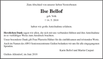 Traueranzeige von Ilse Bellof von  Gießener Anzeiger