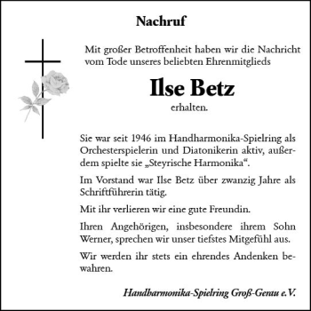Traueranzeige von Ilse Betz von Trauerportal Rhein Main Presse