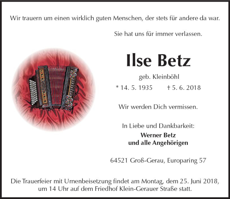  Traueranzeige für Ilse Betz vom 16.06.2018 aus Trauerportal Rhein Main Presse