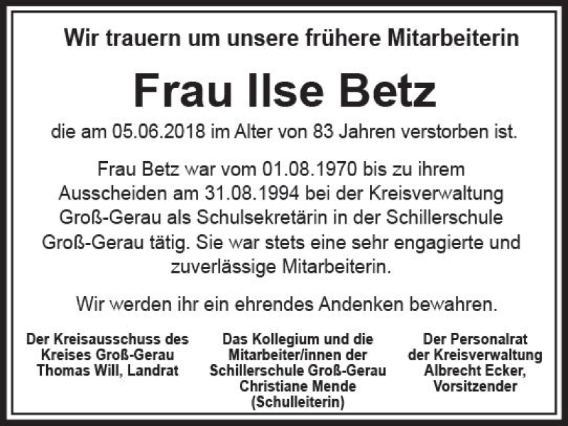  Traueranzeige für Ilse Betz vom 21.06.2018 aus Trauerportal Rhein Main Presse