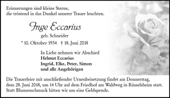 Traueranzeige von Inge Eccarius von Trauerportal Rhein Main Presse