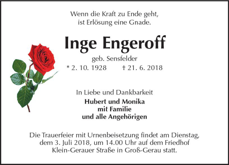 Traueranzeige für Inge Engeroff vom 27.06.2018 aus Trauerportal Rhein Main Presse
