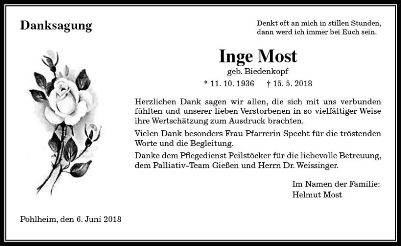  Traueranzeige für Inge Most vom 06.06.2018 aus  Gießener Anzeiger