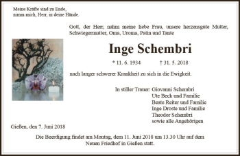 Traueranzeige von Inge Schembri von  Gießener Anzeiger